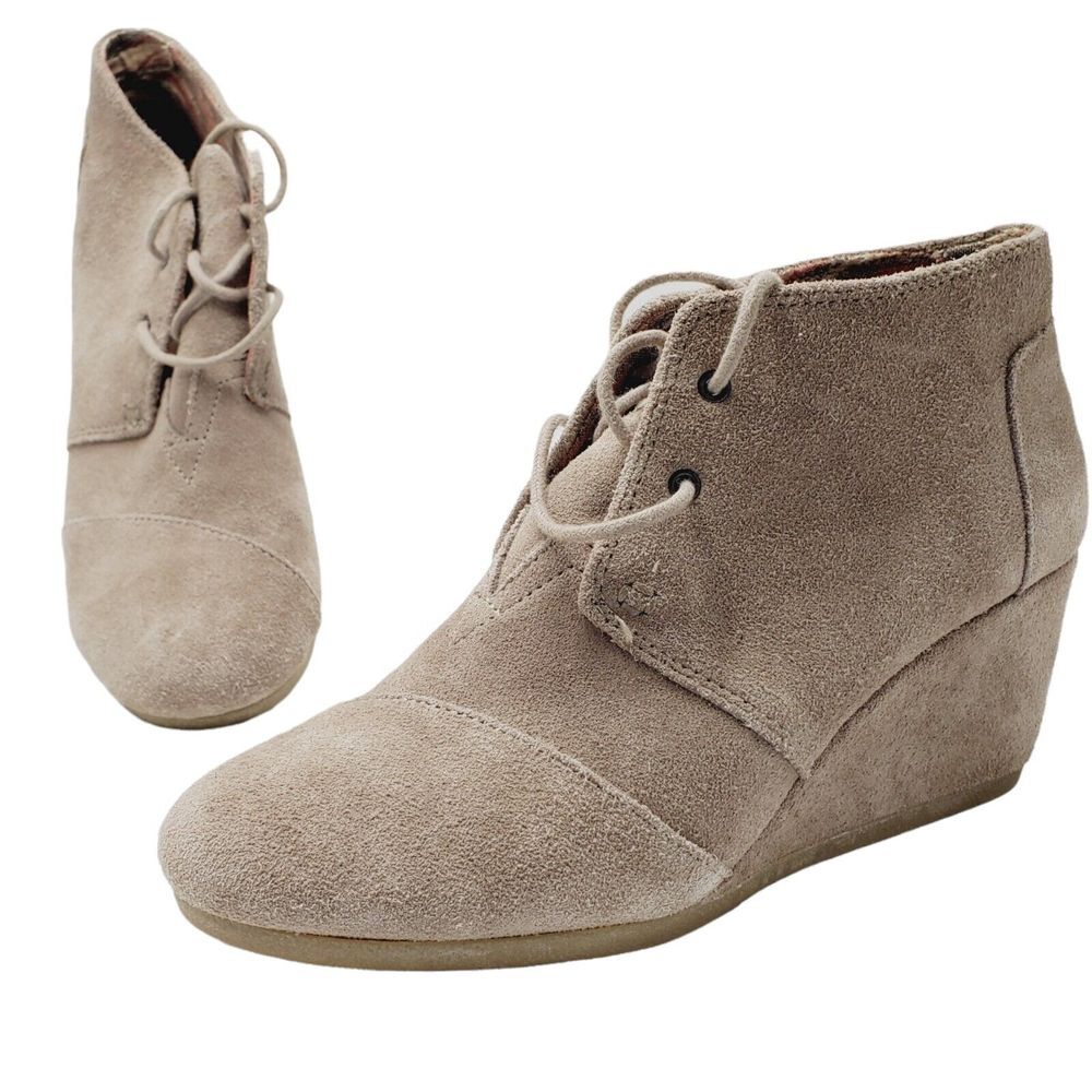 TOMS Ankle Boots Size 9.5 Wedge Suede Lace Up‎ Desert Taupe Brown